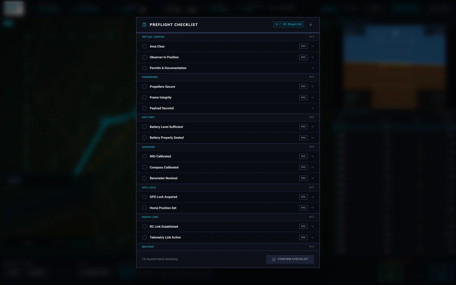 The pre-flight checklist open over the dimmed station: seven groups of checks, required items tagged, a count of required items and a confirm button.