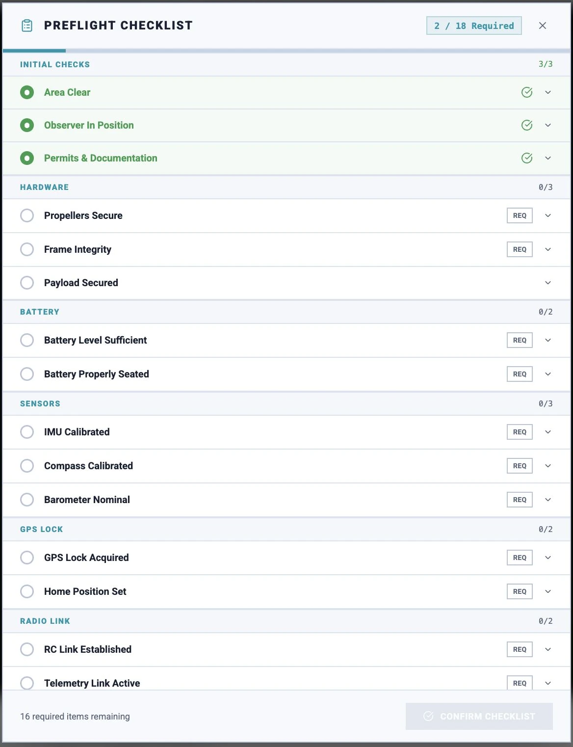 Pre-flight checklist in progress, light theme: the three initial checks ticked green, the counter at 2 of 18 required and the footer reading 16 required items remaining, with Confirm checklist still unavailable.
