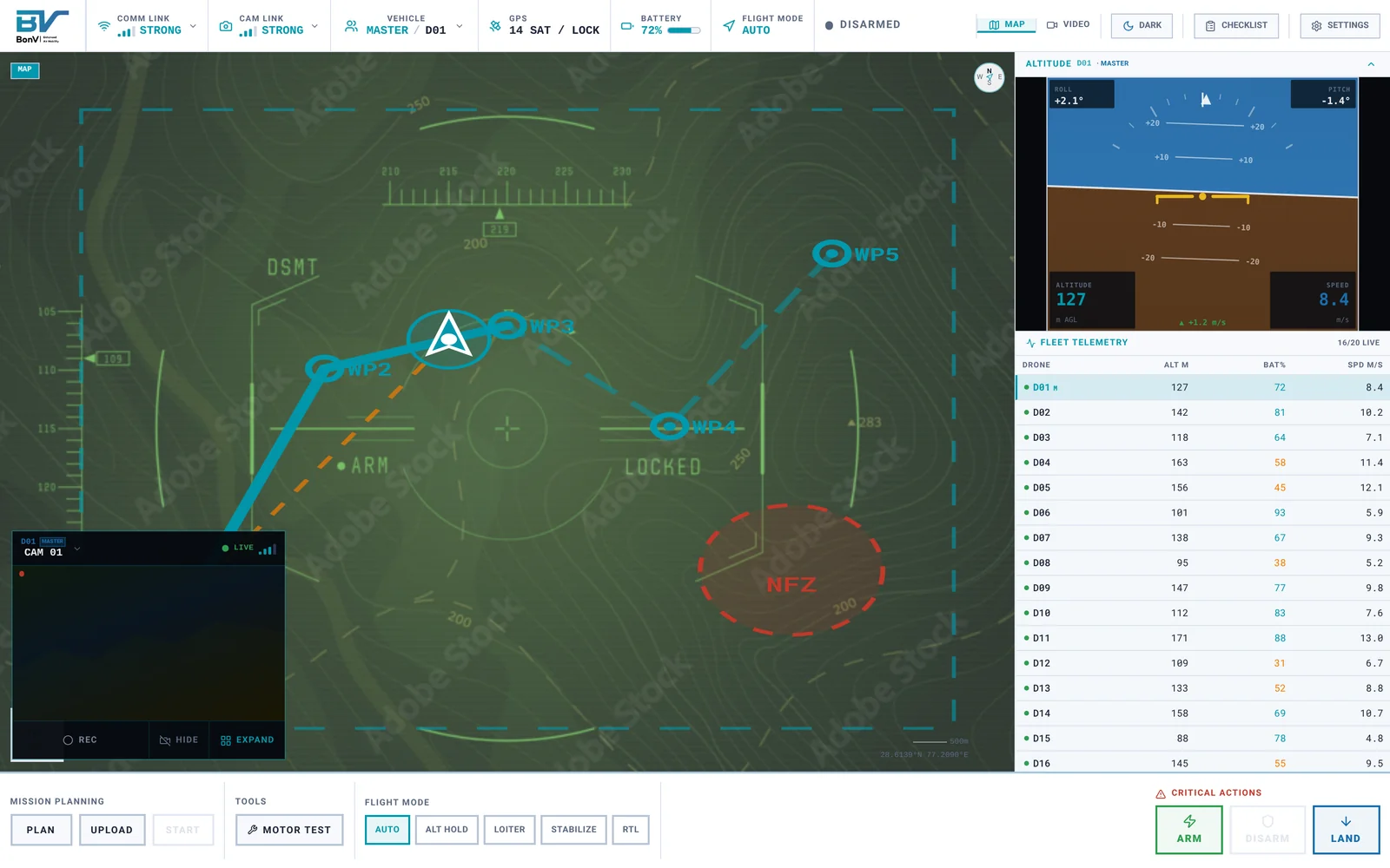 The redesigned ground-control station in map view: status strip, mission map with waypoints and a no-fly zone, attitude instrument, fleet telemetry, picture-in-picture camera and the command panel.