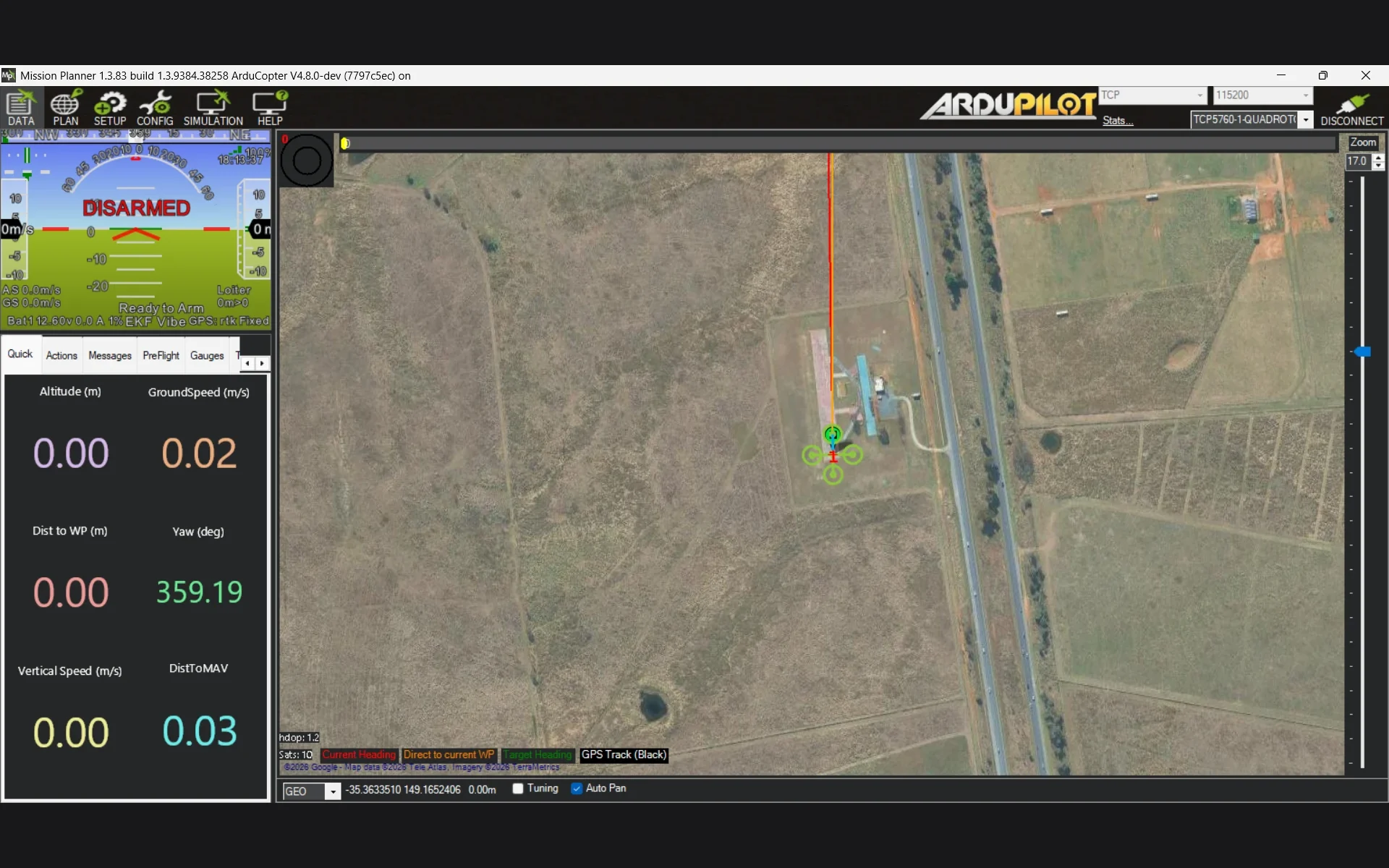 Mission Planner, an open-source ground-control station: attitude display with arming state, a Quick tab of six flight values, tabs for actions and pre-flight, and a satellite map.