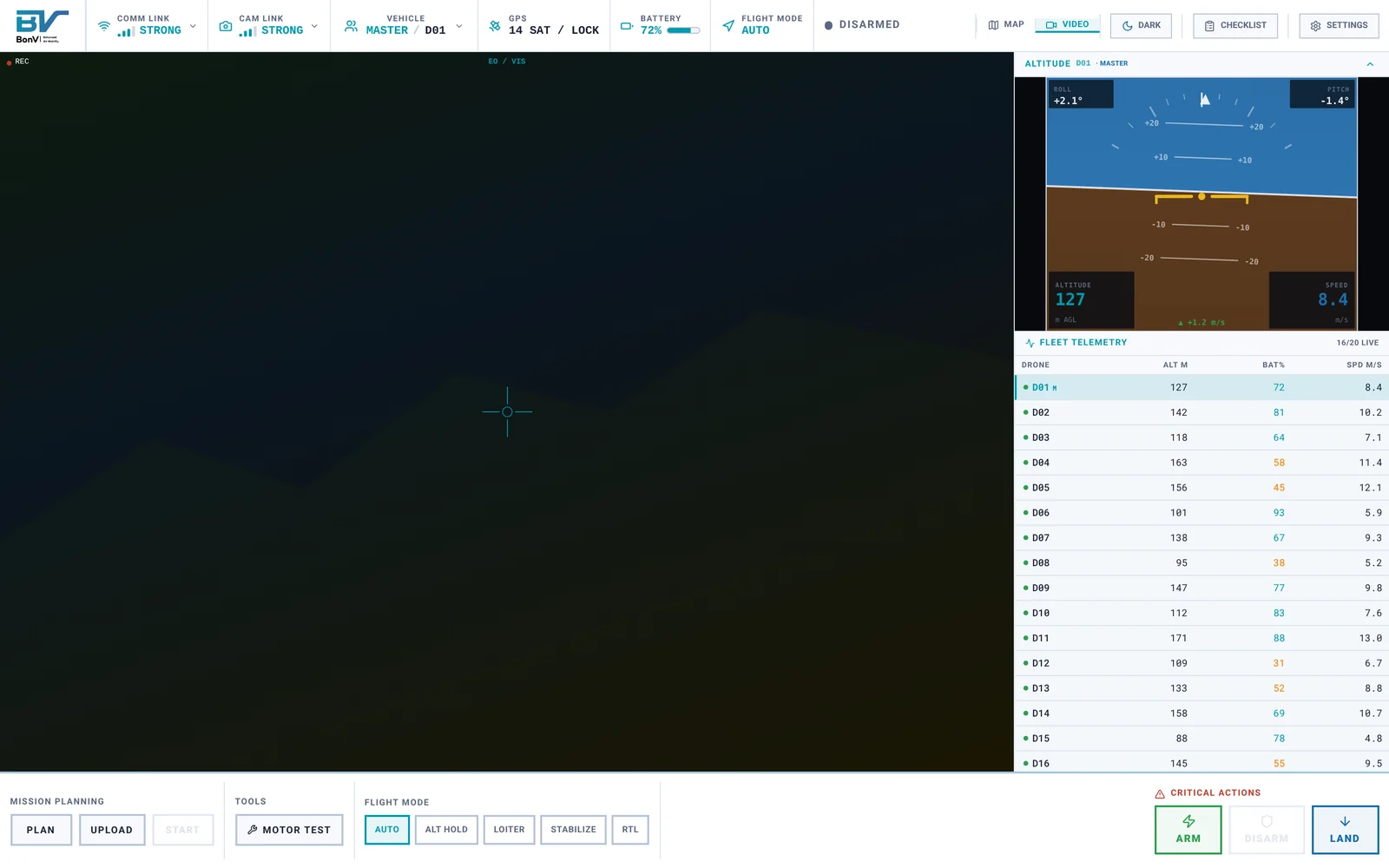 The same station in video view: the camera feed fills the main workspace while the status strip, attitude, fleet telemetry and command panel stay in place.